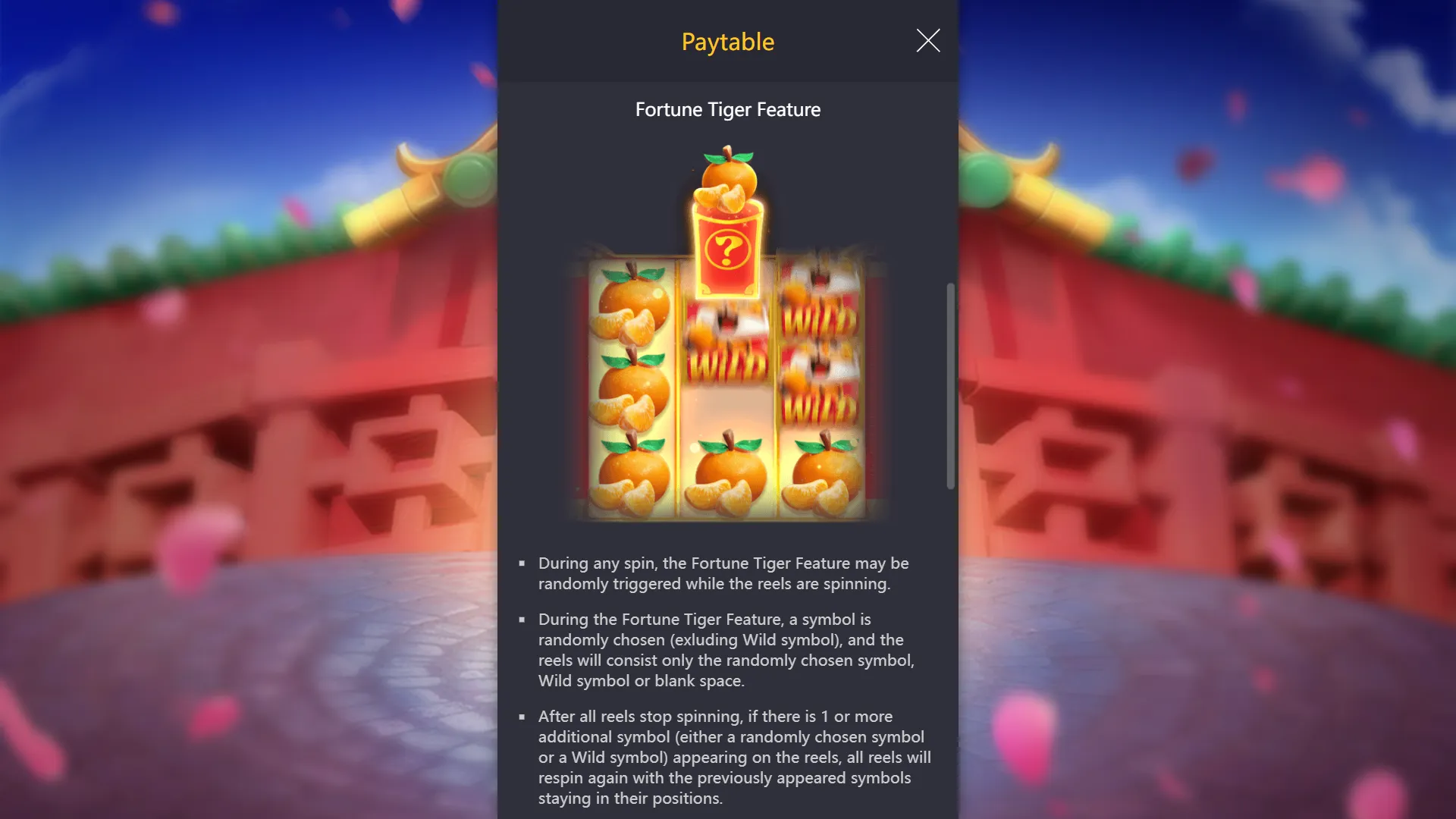 Fortune Tiger Feature rules diagram showing sticky respin mechanic