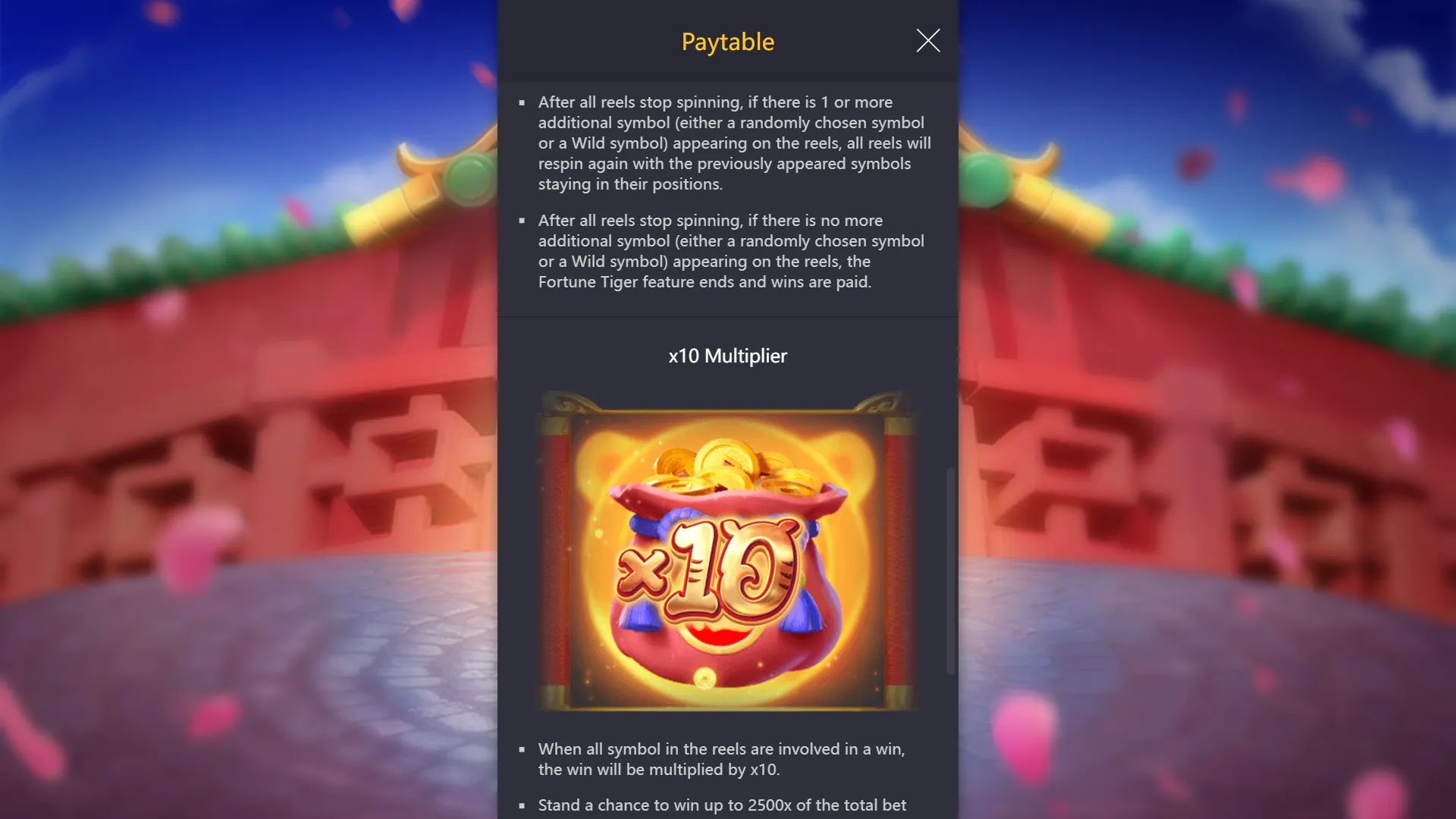 Fortune Tiger x10 multiplier condition - full grid win triggers 10x on total win